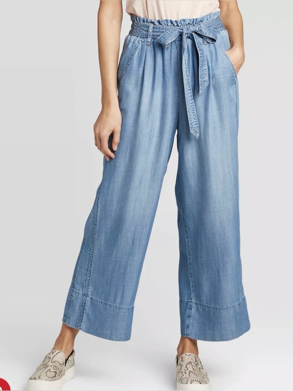 Knox Rose Slouchy Chambray Lyocell Wide Leg Paperbag Tie Waist Pull On Crop Pant